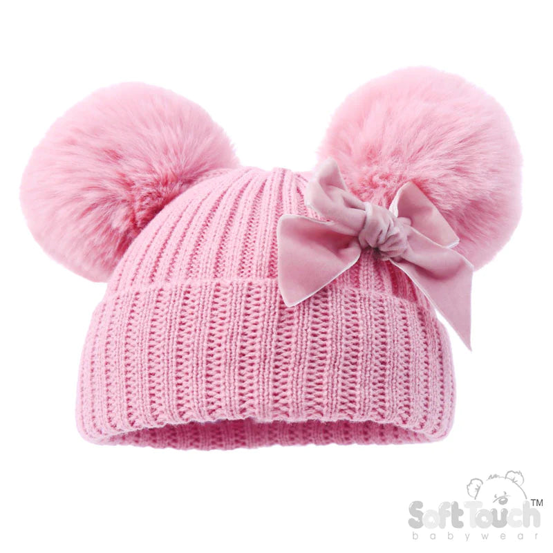 Pink Velvet Bow Pom Pom Hat