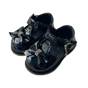 Black Frill Diamonte Bow Shoes - Infant 2 To 7