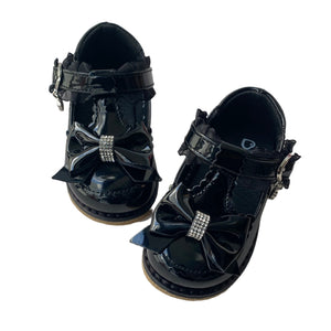 Black Frill Diamonte Bow Shoes - Infant 2 To 7