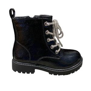 Black Patent Diamonte Lace Up Boots - Junior 8 To 2