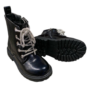 Black Patent Diamonte Lace Up Boots - Junior 8 To 2