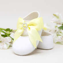 Load image into Gallery viewer, Soft Sole Yellow Ribbon Bow Diamonte Shoes - Newborn To 18 Months
