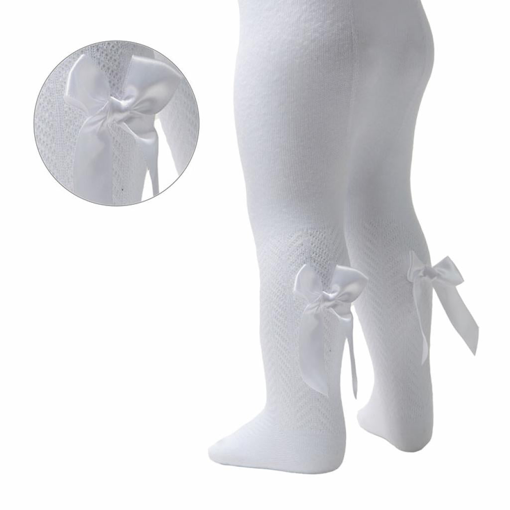 White Chevron Ribbon Bow Tights - Newborn To Age 5