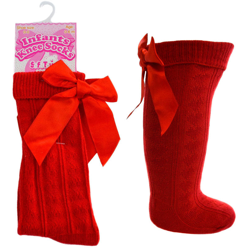 Red Ribbon Bow Ribbed Knee High Socks - Newborn To Age 9 Years