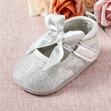 Load image into Gallery viewer, Baby Soft Sole Shimmer Ribbon Bow Shoes - 6-12 &amp; 12-18 Months Only
