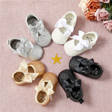Load image into Gallery viewer, Baby Soft Sole Shimmer Ribbon Bow Shoes - 6-12 &amp; 12-18 Months Only
