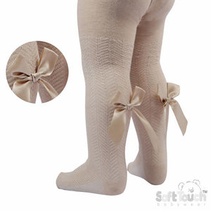 Beige Chevron Ribbon Bow Tights - Newborn To Age 5