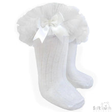 Load image into Gallery viewer, White Ribbed Knee High Socks (Organza Lace &amp; Bow) - Newborn To Age 6
