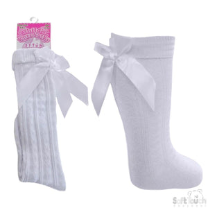White Ribbon Bow Ribbed Knee High Socks - Newborn To Age 9 Years