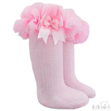 Load image into Gallery viewer, Pink Ribbed Knee High Socks (Organza Lace &amp; Bow) - Newborn To Age 6
