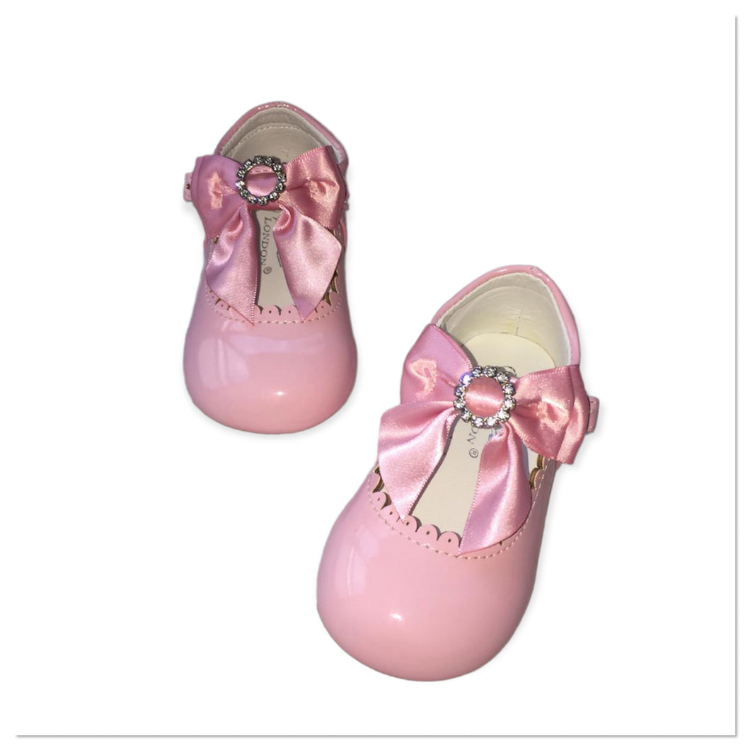 Pink Tia Double Ribbon Bow Diamonte Shoes - Infant 3, 5, 6 Only