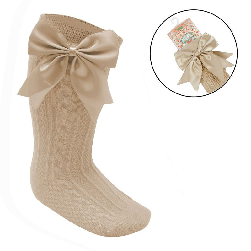 Beige Luxury Large Bow Knee High Socks - Newborn To 6 Months