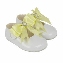 Load image into Gallery viewer, Soft Sole Yellow Ribbon Bow Diamonte Shoes - Newborn To 18 Months
