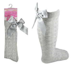 Grey Ribbon Bow Ribbed Knee High Socks - Newborn To Age 6