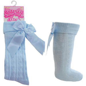 Baby Blue Ribbon Bow Ribbed Knee High Socks - Newborn To Age 6