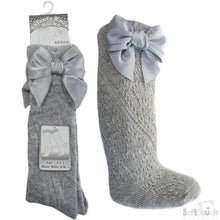 Load image into Gallery viewer, Grey Pelerine Knee High Bow Socks - Newborn To Age 6
