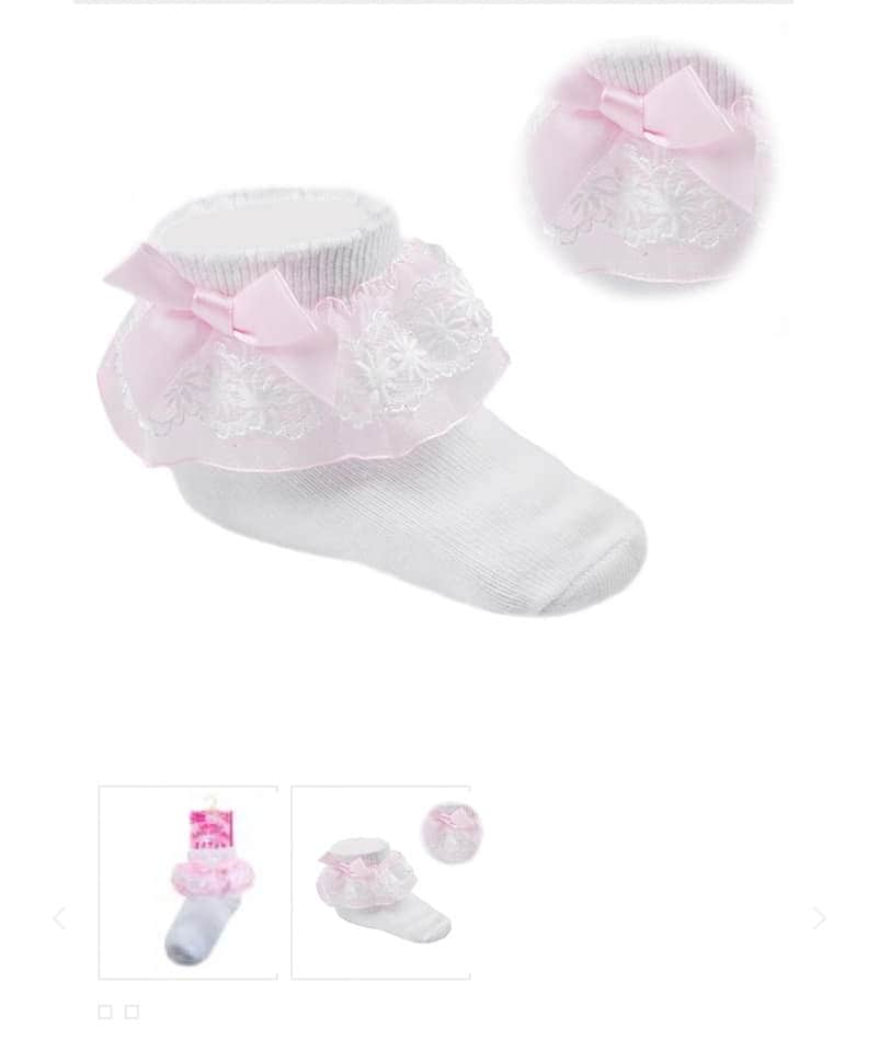 Soft Touch Pink Ribbon Bow Floral Lace White Ankle Socks - Newborn-6 Months Only (LAST ONE)