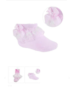 Soft Touch Pink Ribbon Bow Floral Lace Pink Ankle Socks - Newborn To 12 Months